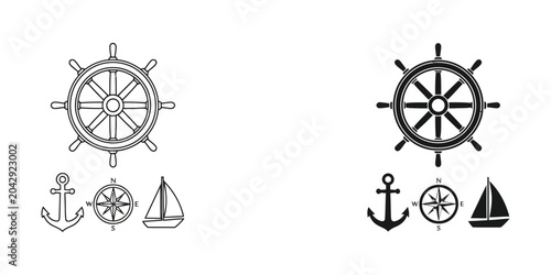 Fotografie Vintage nautical wheel and anchor sailboat compass icon set