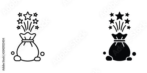 Money bag icon with starburst sparkles and coins