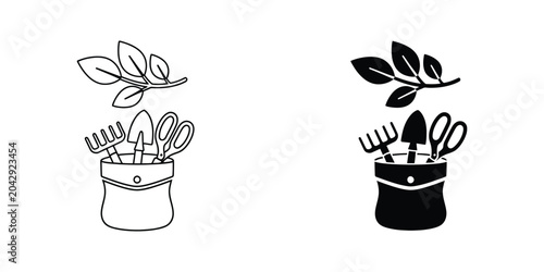 Gardening tools in a pot with plant illustration