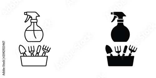 Cleaning spray bottle with gardening tools icon set