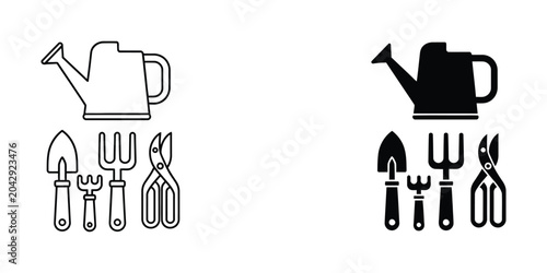 Black and white gardening tools and watering can icons set