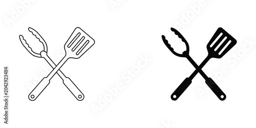 Crossed fork and spatula black and white illustration