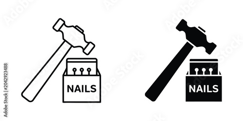 Black and white hammer and nails icon set for construction design