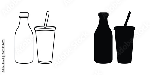 Black and white milk bottle and drink cup with straws illustration