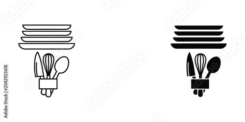 Black and white kitchen utensils and plates icon set