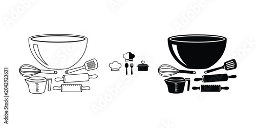 Baking tools and mixing bowls set with chef icons