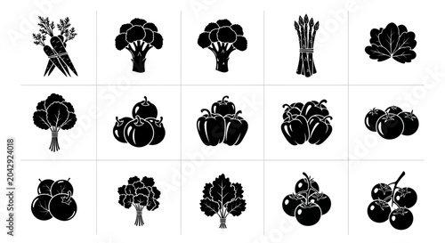 Collection of assorted vegetable icons including carrots broccoli asparagus leafy greens pumpkins bell peppers tomatoes and cherries in black silhouette on white background