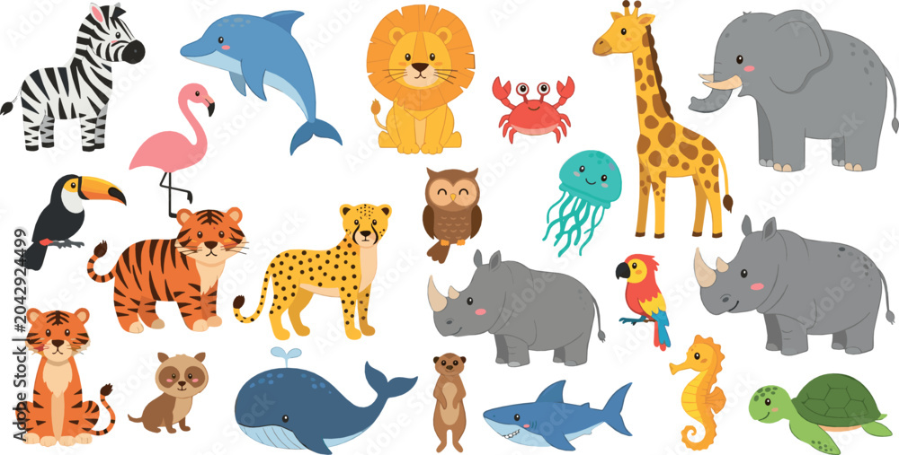 Obraz premium Cute cartoon animals set with safari jungle and ocean wildlife including lion elephant whale shark and giraffe playful vector illustration for kids designs