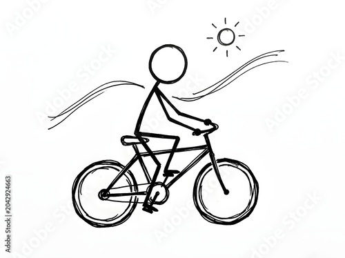 Stick person riding a bicycle on white background, ideal for summer posters, travel blogs, outdoor ads, or websites.