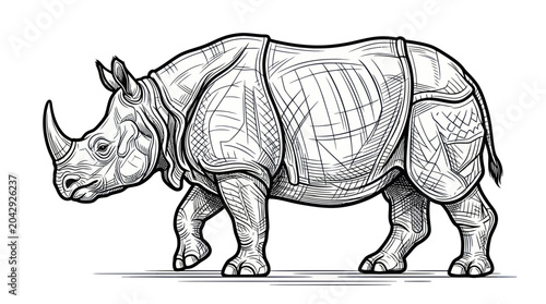 Bild auf Leinwand Indian Rhinoceros Illustration, Sketch Style, Walking