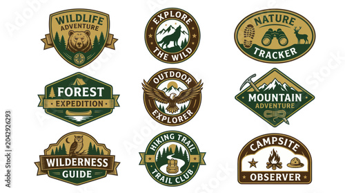 Bild auf Leinwand Outdoor Adventure Emblem Set: Bear, Wolf, Eagle, Owl, Mountain, Forest, Campsite