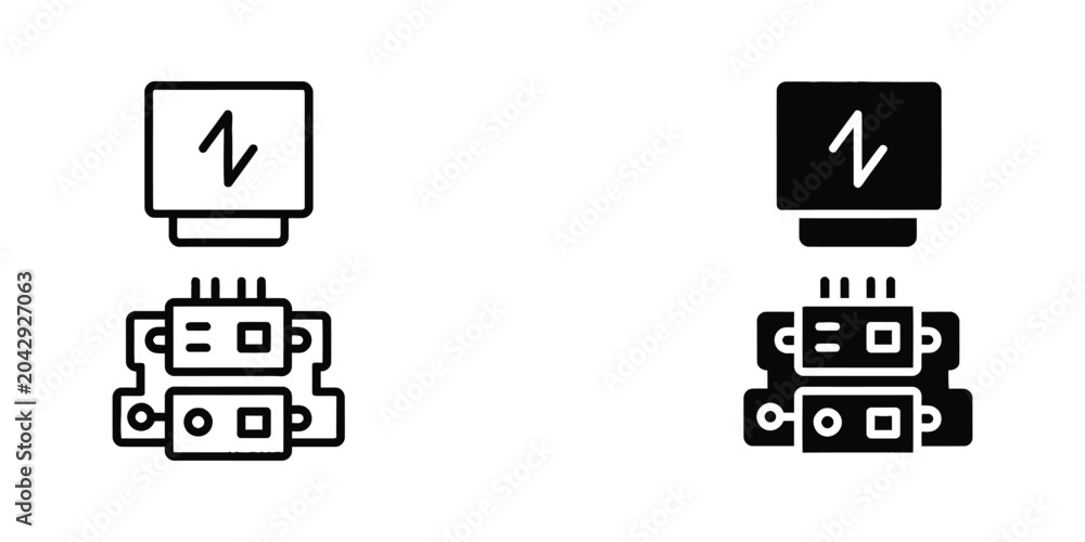 Naklejka premium Simple computer monitor and hub connection icons in black and white