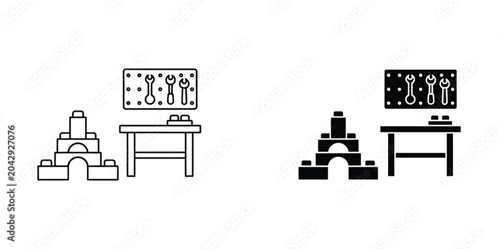 Obraz premium Minimalist workbench with tools and lego-like brick