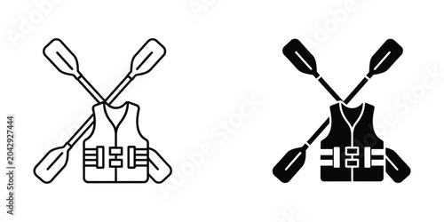 Photos Kayaking life vest with paddles icon set black and white