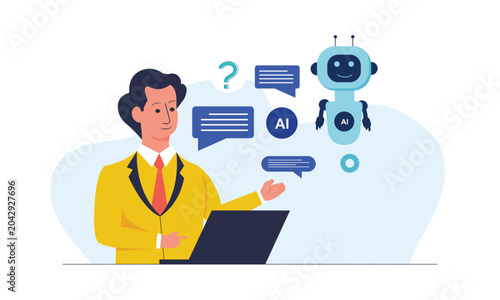 Man having dialog with chat bot. Customer asking questions and receiving answers. AI chatbot assistance and FAQ concept