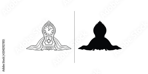 Antique grandfather clock and silhouette of a hat side by side