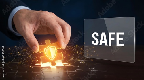 Cybersecurity solutions concept protecting digital data with puzzle piece integration, symbolizing business safety, trust, and future network security.