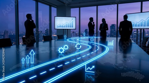 Global Business Strategy Digital Roadmap for Future Corporate Growth, Technology Transformation, and Leadership Vision in Modern Boardroom.