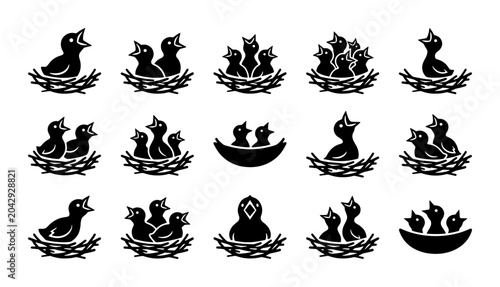 Foto Minimalist bird nest icons set, black silhouette baby birds in nests, 15 vector