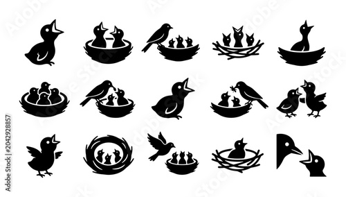 Foto Minimalist bird nest icons set, black silhouette baby birds and mother feeding c