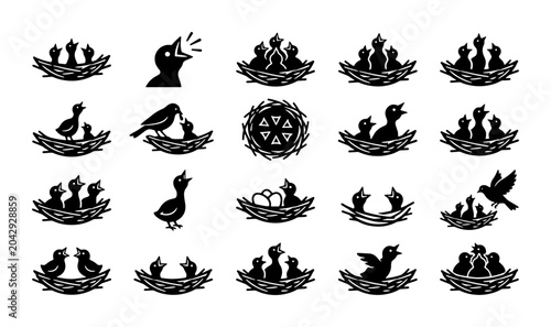 Tableau sur toile Minimalist bird nest icons, 20 black silhouette vector elements of baby birds an