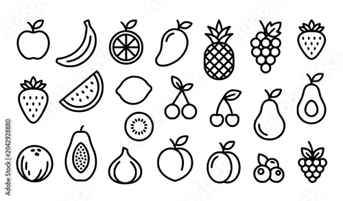 Fresh Fruits Line Art Doodle Icons Pack Featuring Apple Banana Pineapple Strawberry and Avocado Vectors for Healthy Lifestyle and Juice Bars