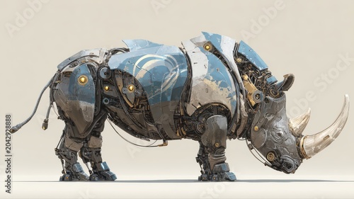Robotic rhinoceros stands in a neutral space showing mechanical parts and design elements from various angles