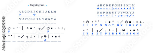 Foto Cryptogram symbols and decoding chart in blue and white design