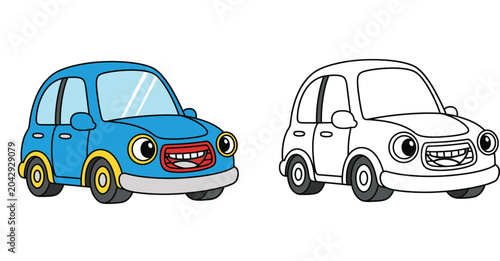 Blue Cartoon Car Character for Kids with Coloring Page Version, Cute Toy Vehicle Illustration for Children Education and Activity, Vector Set of Colored and Line Art Car