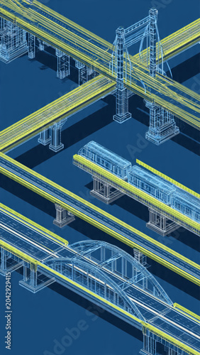 Detailed aerial view of urban infrastructure with highways bridges and traffic flow in cool blue tones