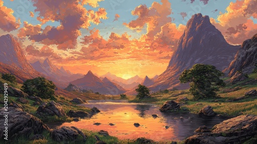Sunset over mountains and river with colorful sky and scattered clouds in a natural landscape setting