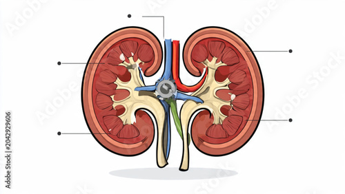 Detailed illustration of human kidneys with ureters and internal anatomy in vibrant colors
