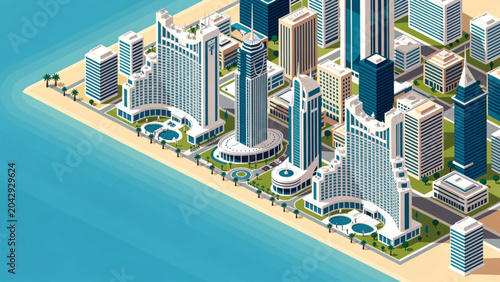 Modern coastal cityscape with high-rise buildings and vibrant waterfront scenery