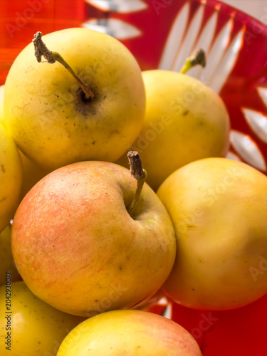 Organic Apples Collected In Red Plastic Basket