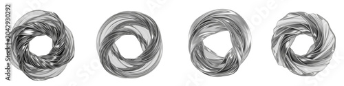 Set of abstract silver fabric rings isolated on a black background