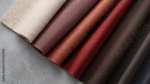 Close-up shot of various fabric swatches in different shades of brown and red.