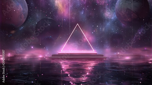 Visual scene of a triangular shape with bright lines above a calm body of water, surrounded by colorful planets and stars in a cosmic setting at night