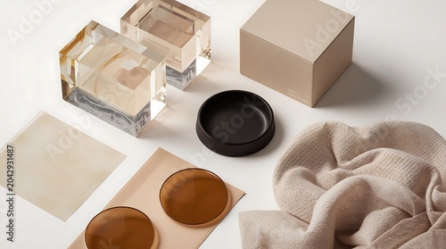 Minimalist Composition - Acrylic Cubes, Wooden Elements, and Fabric on White Surface.