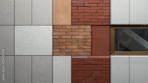 Architectural facade with varied textures - brick, stone, and panels, modern design.