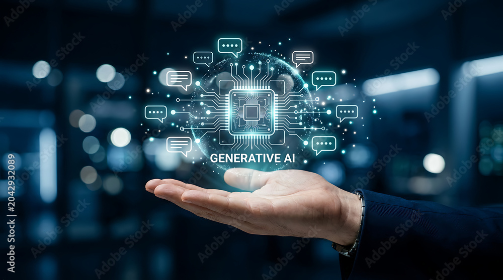 Fototapeta premium A hand holds a glowing digital representation of generative AI, surrounded by communication icons, symbolizing advanced technology and artificial intelligence.