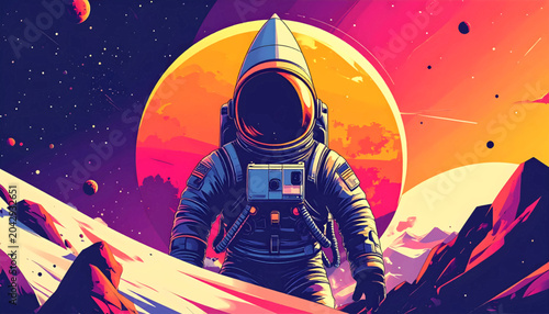 Photos Astronaut standing on alien planet with large moon behind.