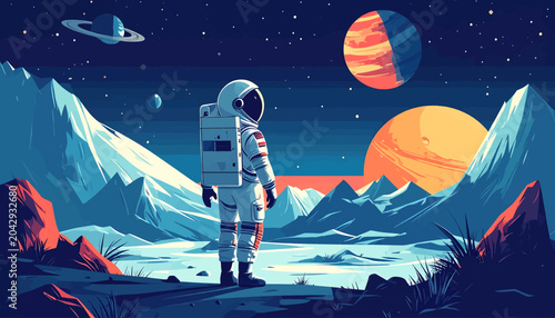 фотографія Astronaut standing on an alien planet looking at the stars.
