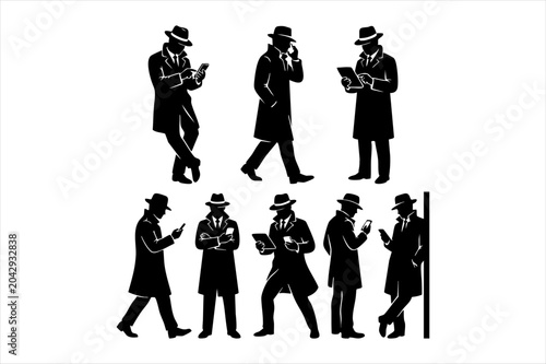 Foto Collection of noir style detective silhouettes in trench coats performing variou