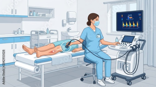 Female healthcare professional conducts ultrasound examination on patient in medical clinic