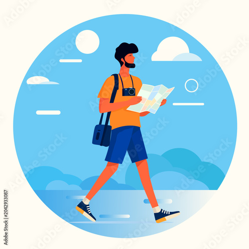Flat Tourist Character Exploring City with Map and Camera