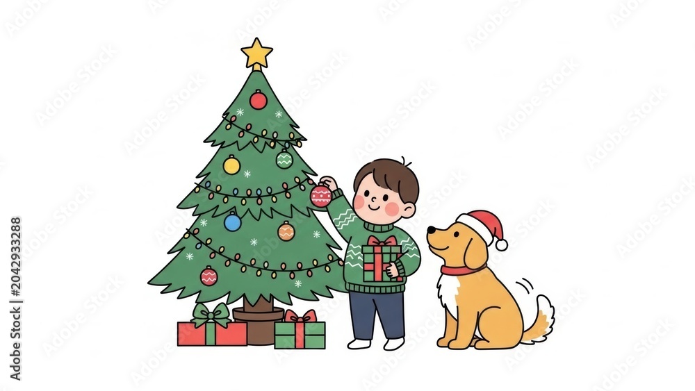 Fototapeta premium Boy decorating christmas tree with dog wearing santa hat