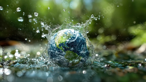 Water splashes around a small globe symbolizing Earth in a natural setting during daylight hours, showing the beauty of the planet amongst greenery