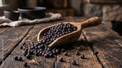 Close-up of Juniper Berries in Wooden Scoop on Rustic Table.
