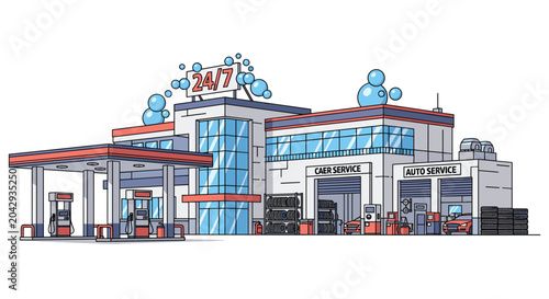Bild auf Leinwand Modern service station building providing twenty four hour fuel convenience store car wash and automotive repair bays