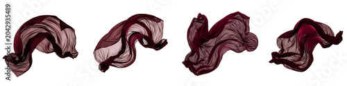 Set of flying burgundy silk fabric isolated on black background